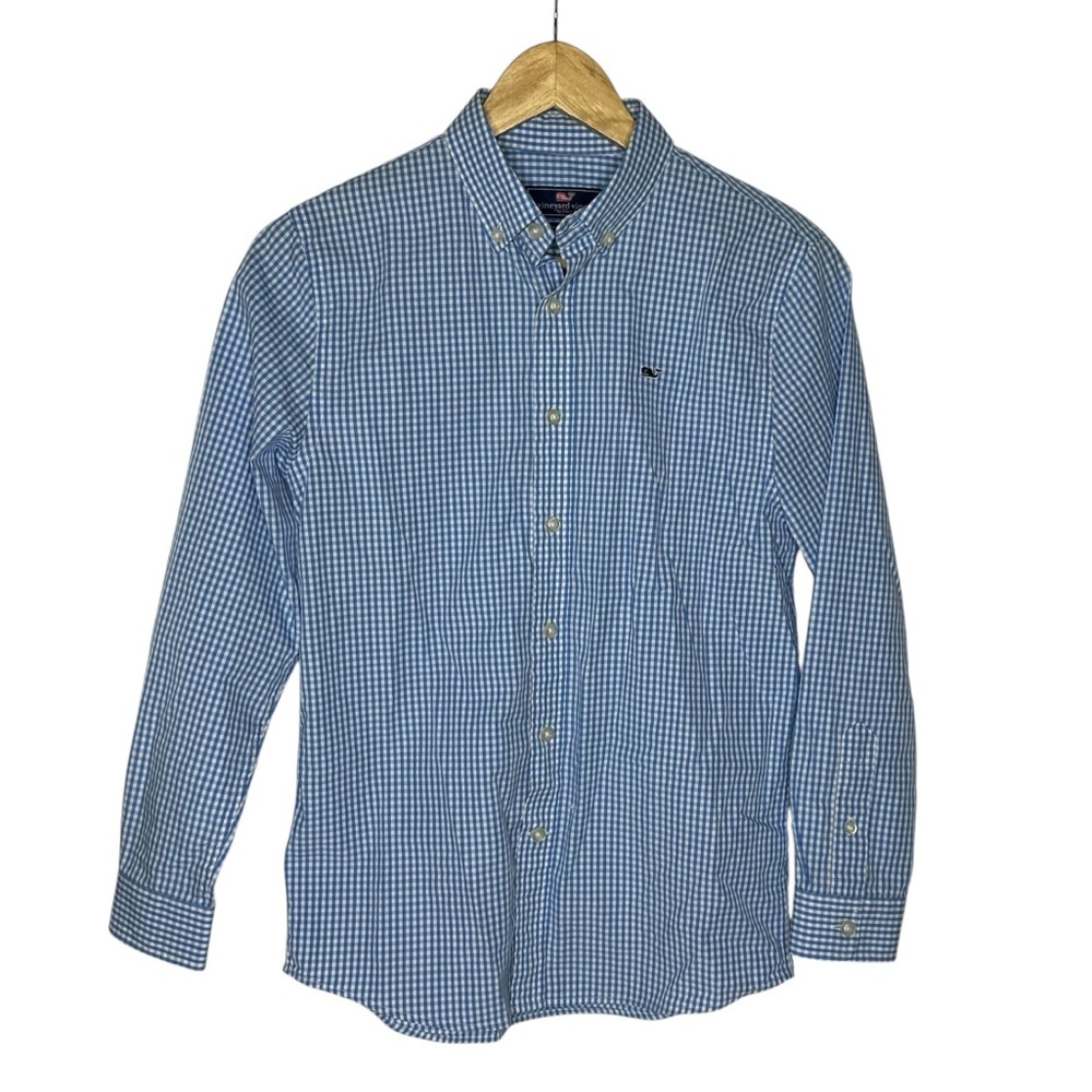 Boys Vineyard Vines Blue/White Gingham Whale Button Down Shirt m